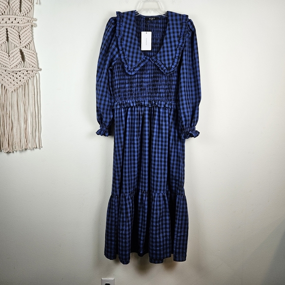 O.P.T Kobo Dress In Blue Gingham Size M NWT Smocked - Picture 2 of 10